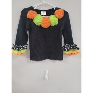 Girls 2T Black Long Sleeve Top W/ Orange & Green Tulle Collar & Polka Dot Ruffle